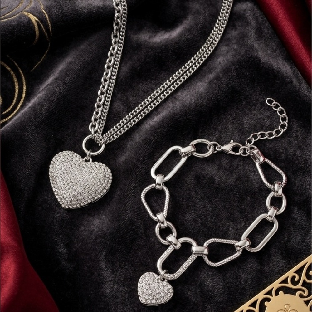paparazzi Silver Pavé Heart Necklace and Bracelet Set